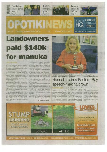 Opotiki News: 20 Sept, 2016 - Landowners Paid $140k for Mānuka