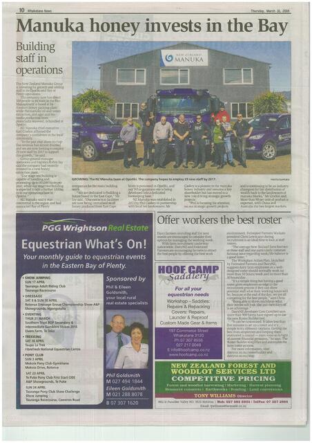 Whakatane News: 31 March 2016 - Manuka honey invests in the Bay