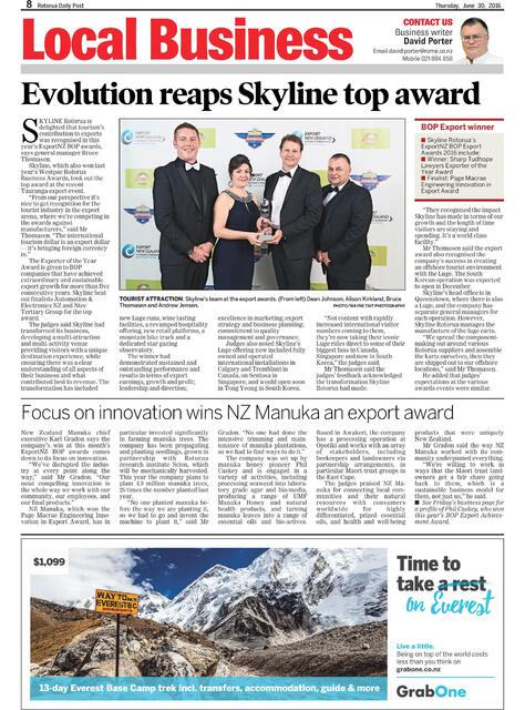 Rotorua Daily Post: 30 June 2016 - Focus on innovation wins...